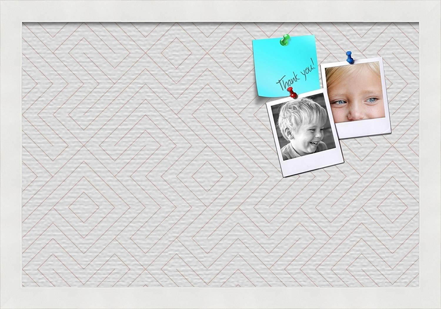 PinPix custom printed pin cork bulletin board made from canvas, Maze White Grapefruit 18x12 Inches (Completed Size) and framed in Satin White Frame (PinPix-Group-91)