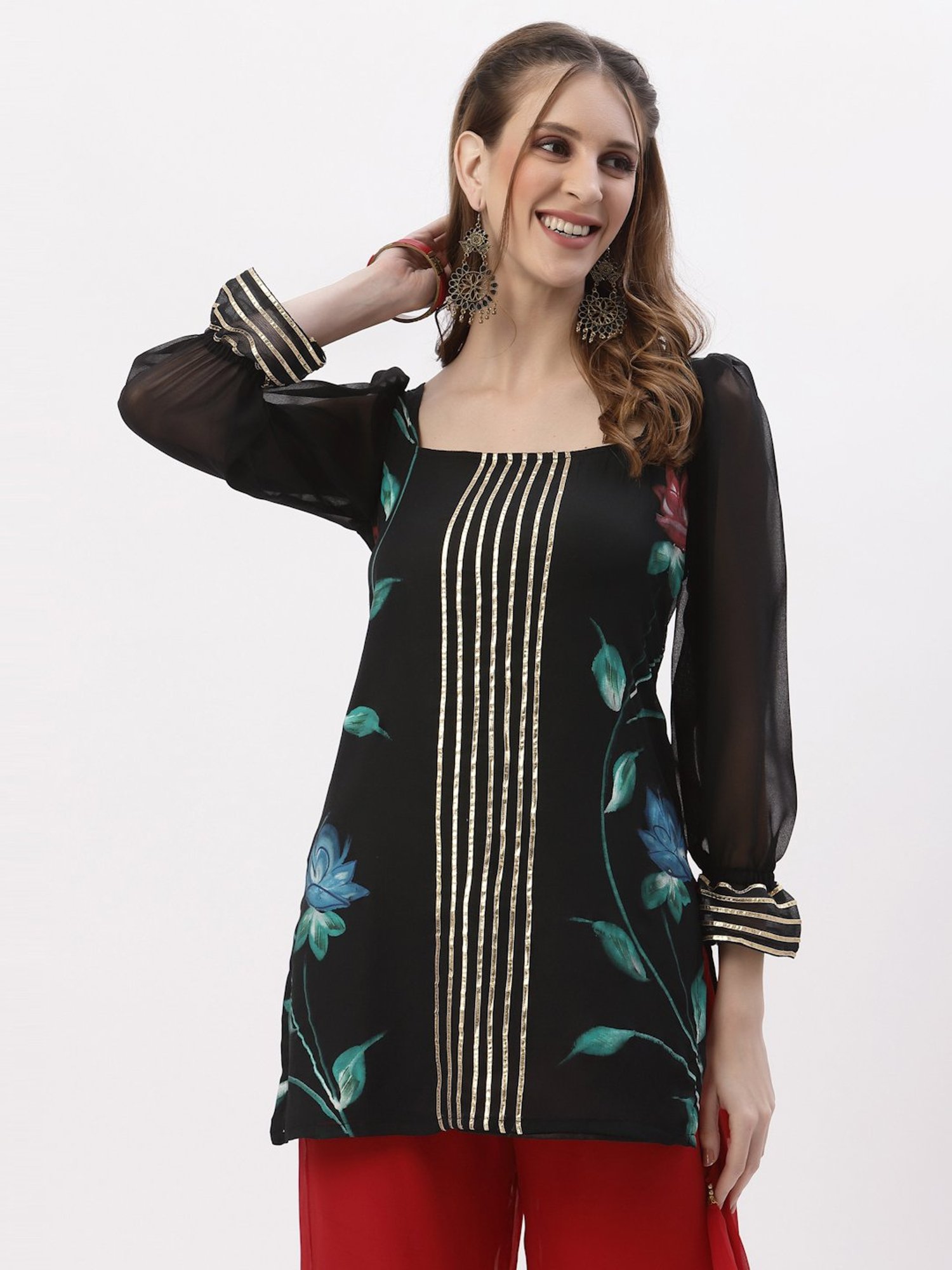 studiorasa Black Floral Print Straight Kurti