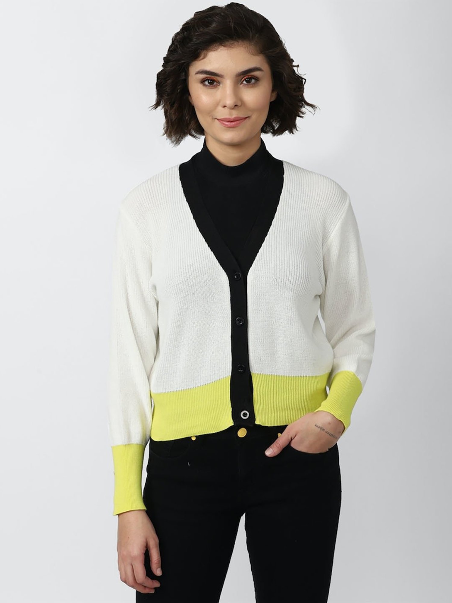 Forever 21 White & Yellow Cotton Cardigan