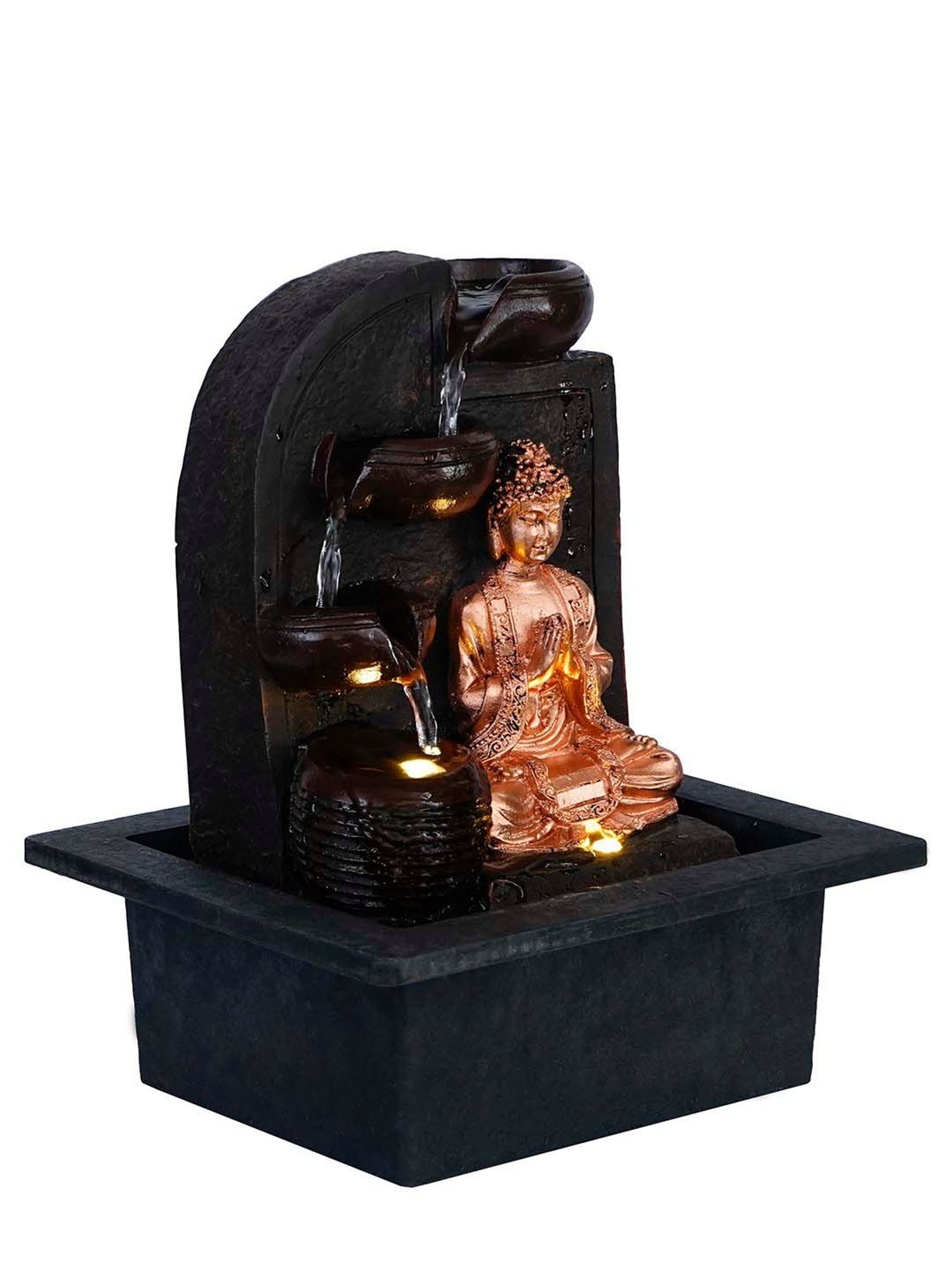 CHRONIKLE Brown & Golden Polyresin Namaskara Mudra Buddha 3 Steps Waterfall Fountain
