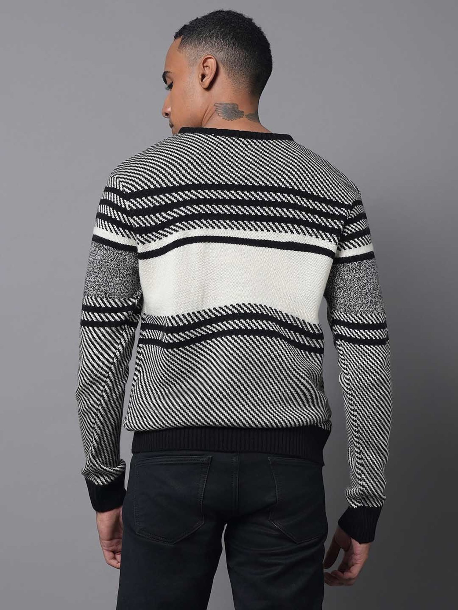 High Star Black & White Regular Fit Striped Sweater