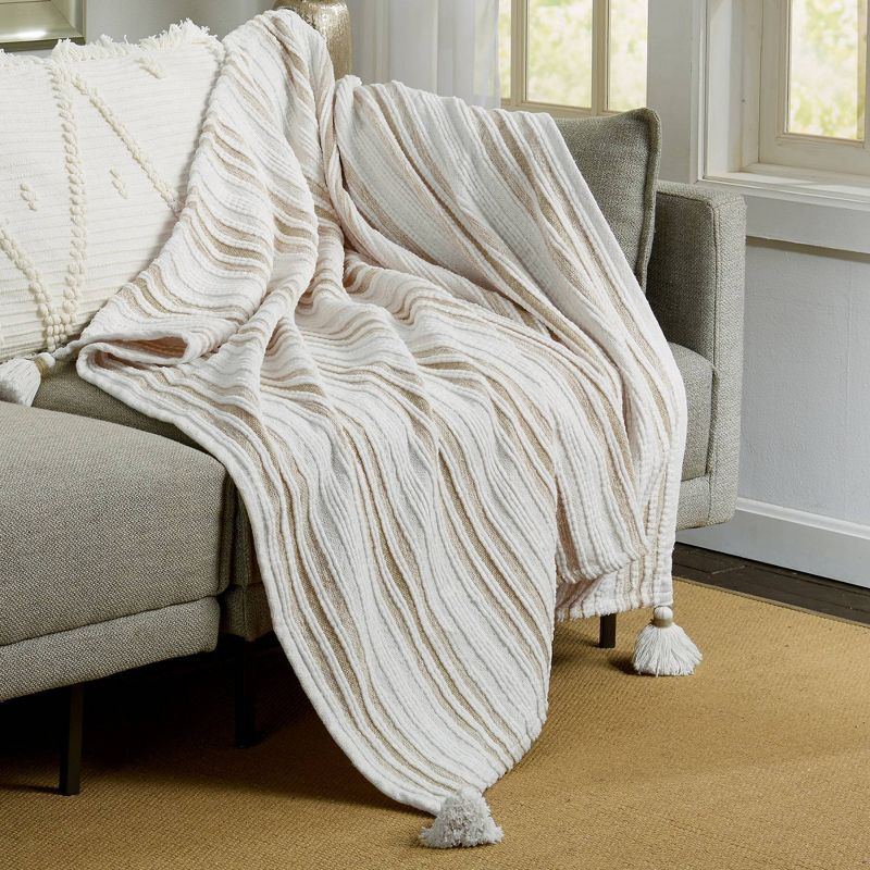 50"x60" Woven Striped Throw Blanket with Corner Tassels Tan - Patina Vie