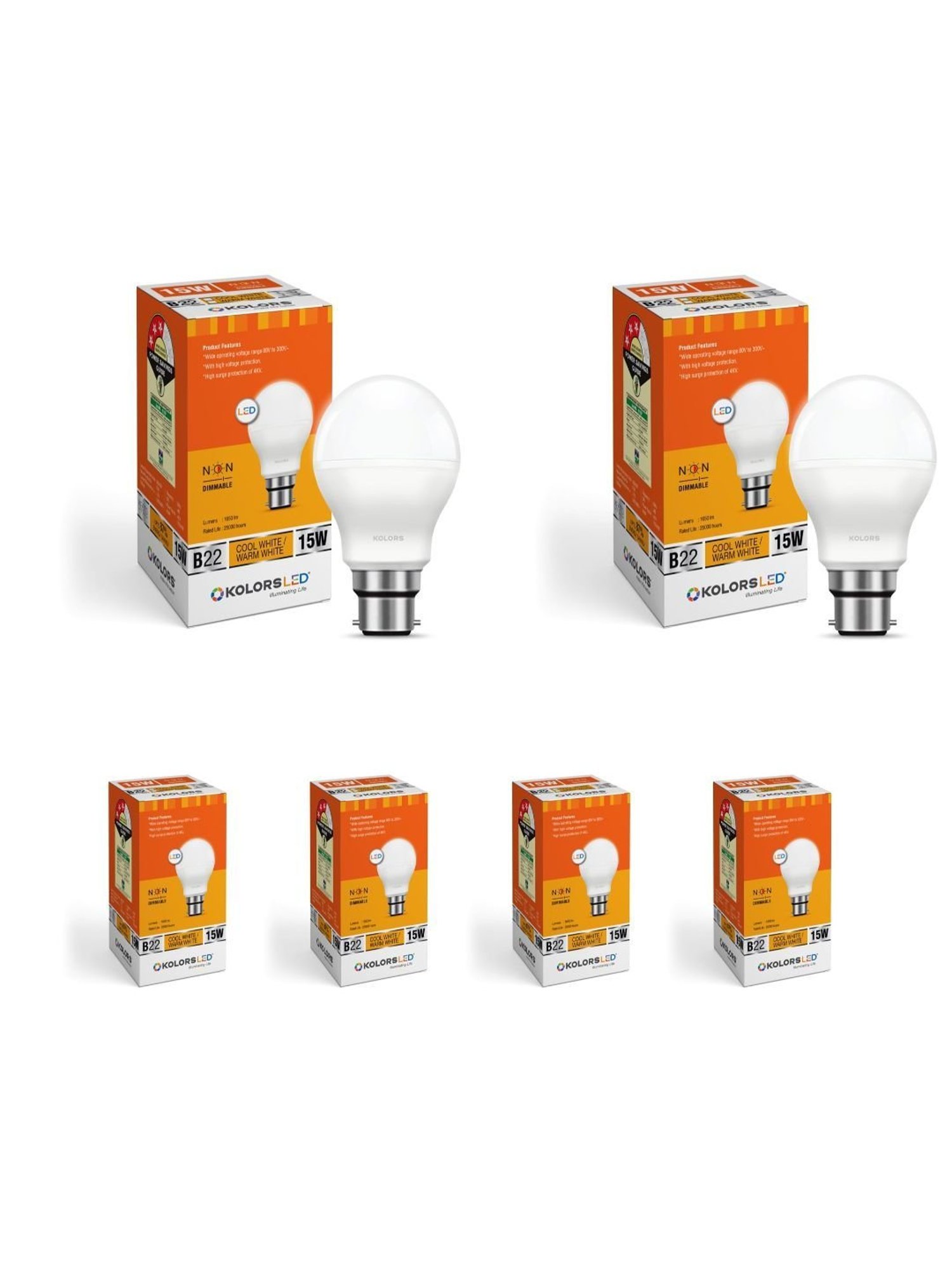 KOLORS Keeto LED Bulb B22 6500K 15W Pack of 6 - Cool White