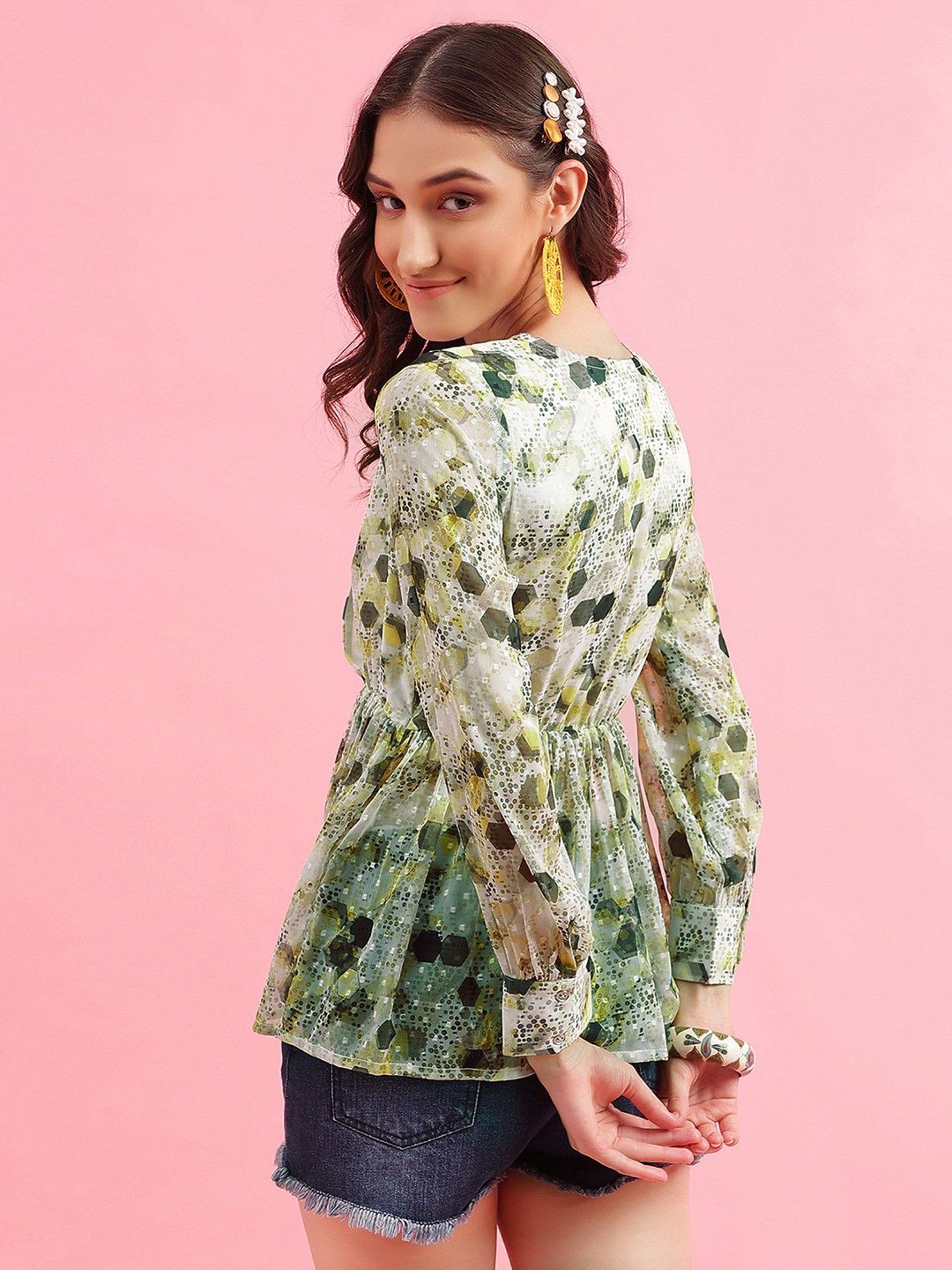SELVIA Green Floral Print Peplum Top