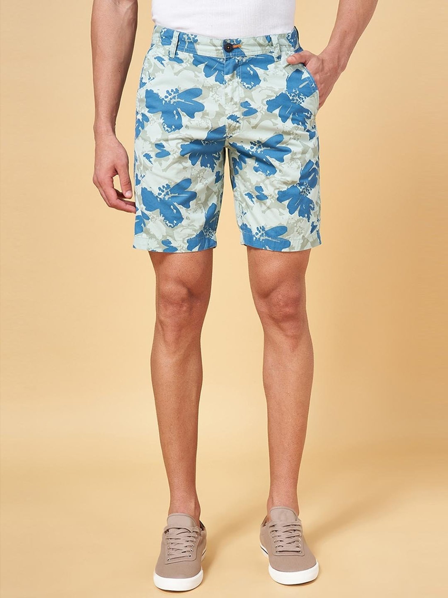 Urban Ranger by Pantaloons Aqua Cotton Slim Fit Printed Shorts