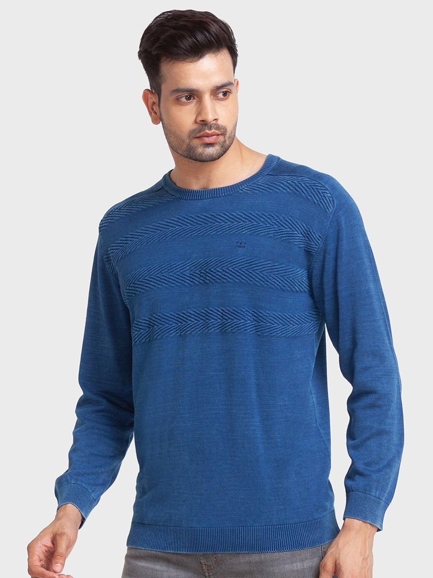 ColorPlus Blue Cotton Tailored Fit Self Pattern Sweaters