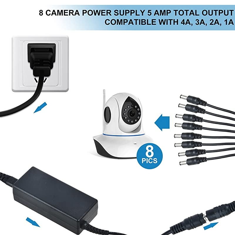 Swann Lorex QSee Security Camera Power Adapter 12V 5A 60W 2Prong Plug 100V240V AC to DC 25x55mm w8Way Power Splitter Cable Power Supply for CCTV Security Camera DVR LED Strip Lights