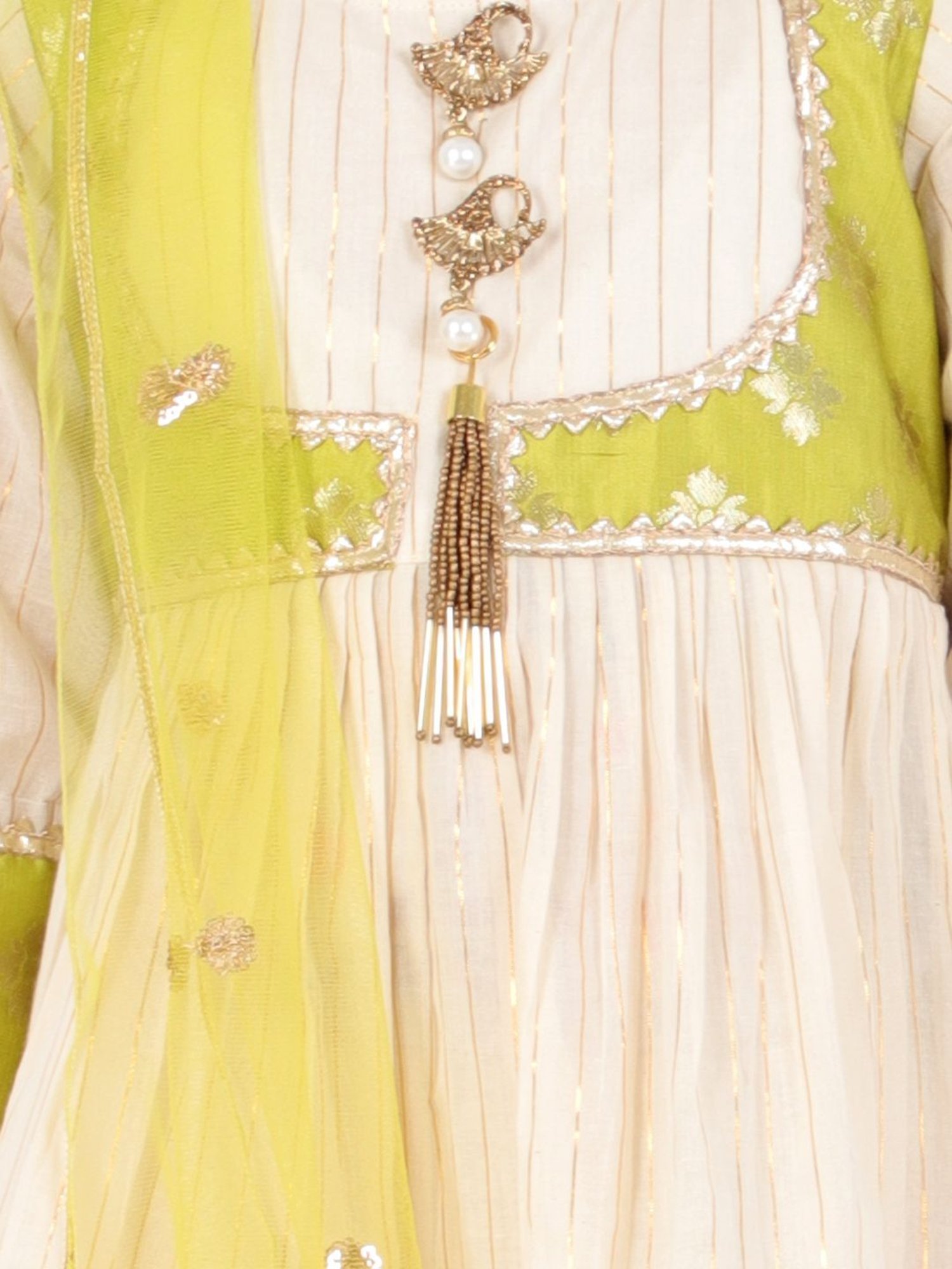 Little Bansi Kids Cream & Green Cotton Zari Work Suit Set