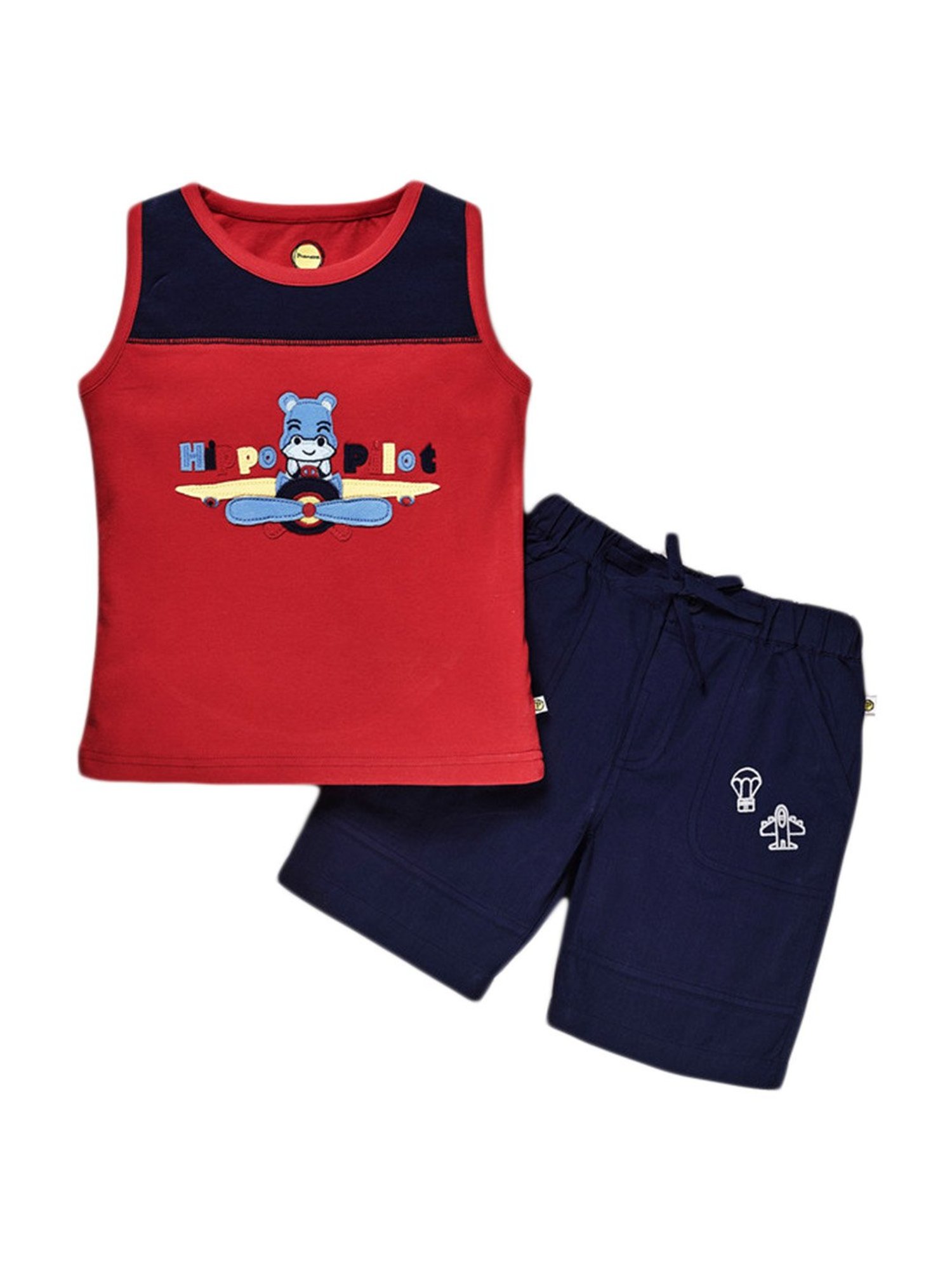 Pranava Kids Red & Navy Cotton Patch Work T-Shirt & Shorts