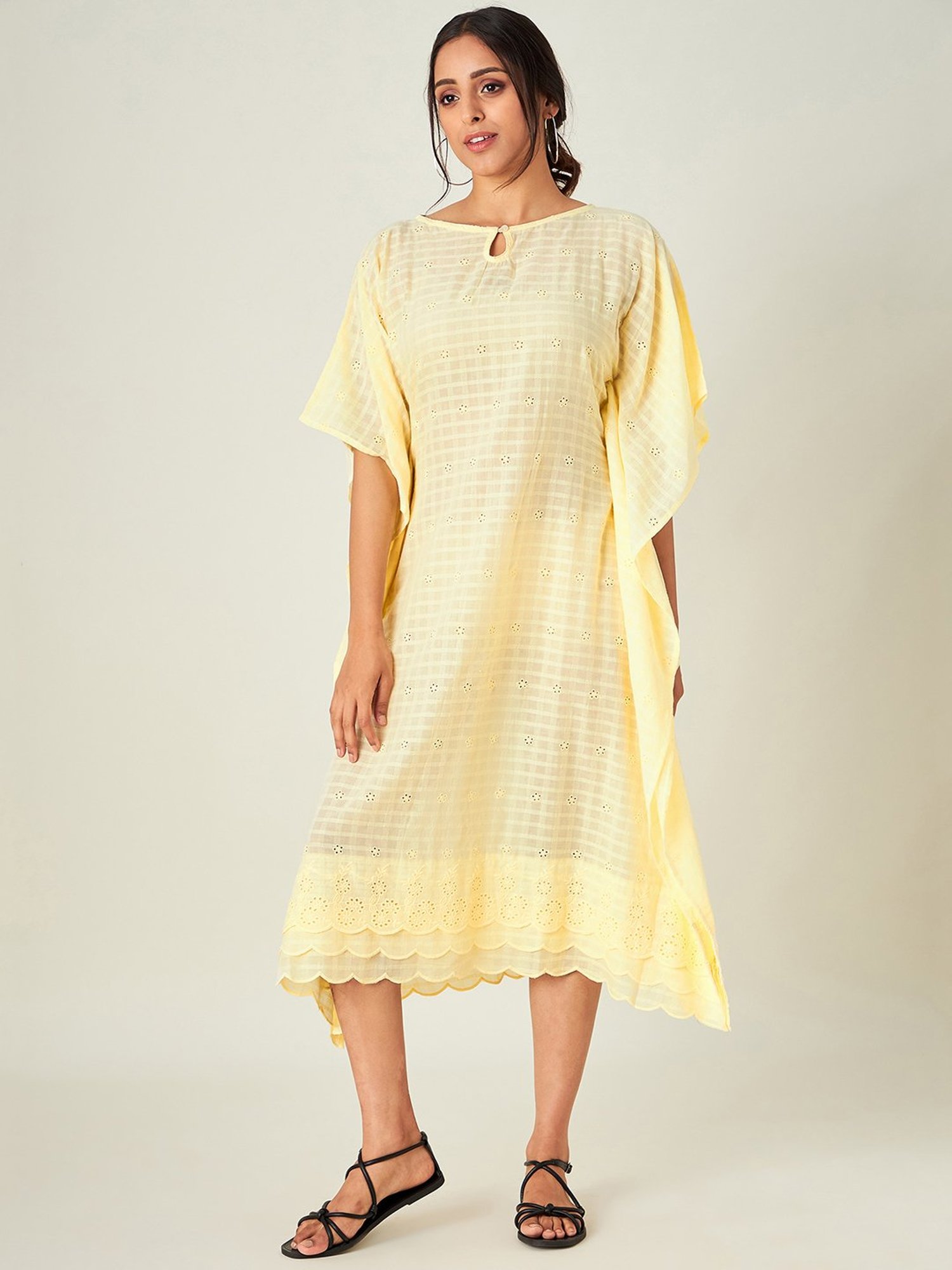 The Kaftan Company Yellow Embroidered Kaftan Dress