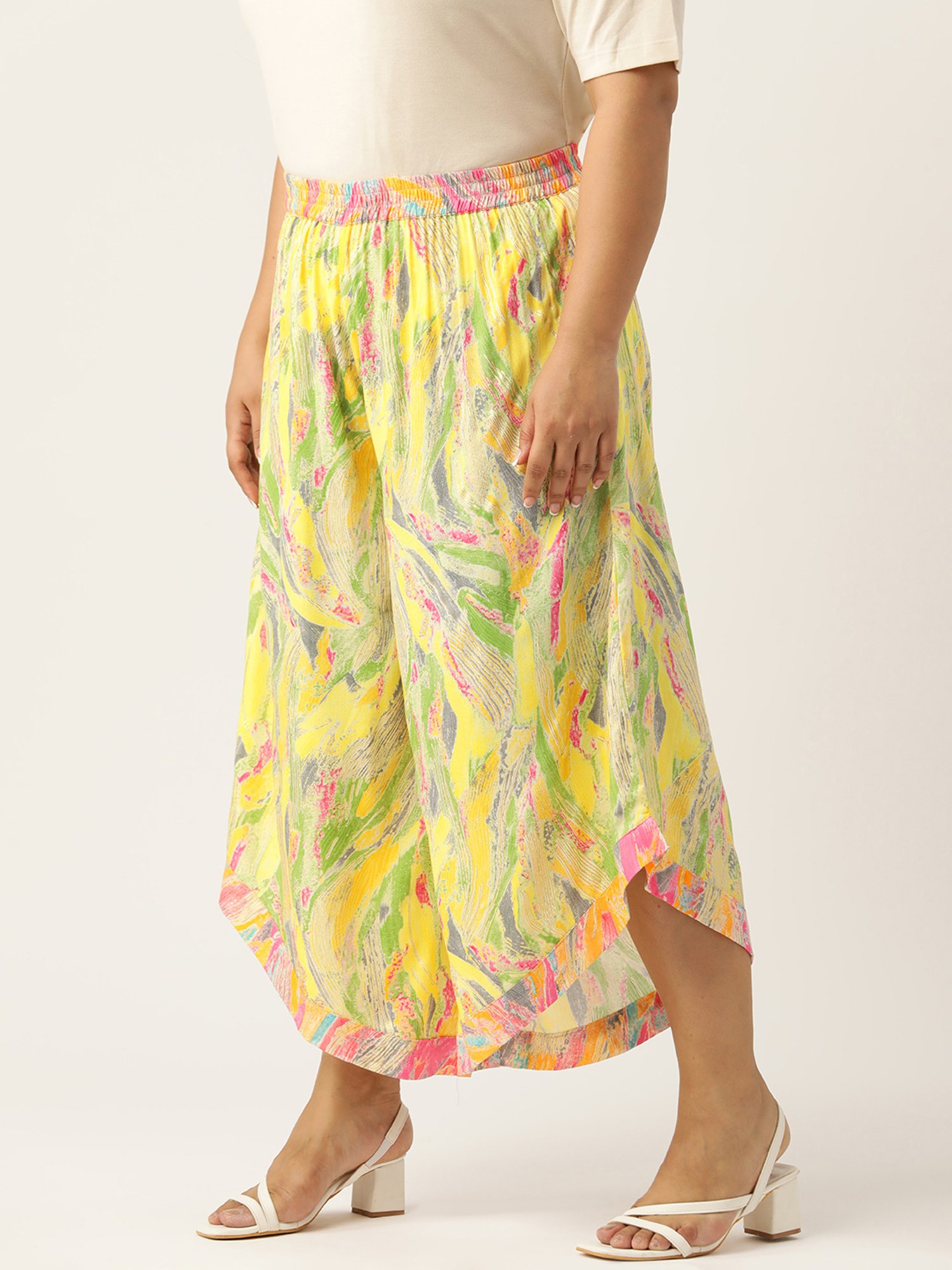 theRebelinme Yellow Printed Relaxed Fit High Rise Plus Size Culottes