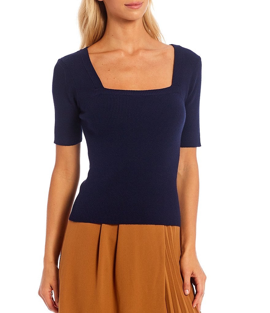 Skies Are Blue Square Neck Short Sleeve Ribbed Sweater Knit Top