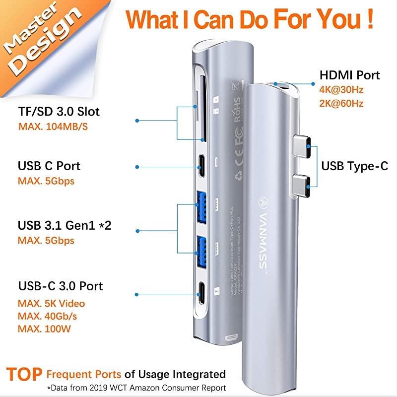 USB C Hub 7 in 1 USB C Adapter with 5K60Hz USBC 30 Port 4K HDMI Port 2 USB 30 Ports SDTF Card Reader 87W PD Charging Port for MacBook Pro and MacBook Air 20182019 2020Silver