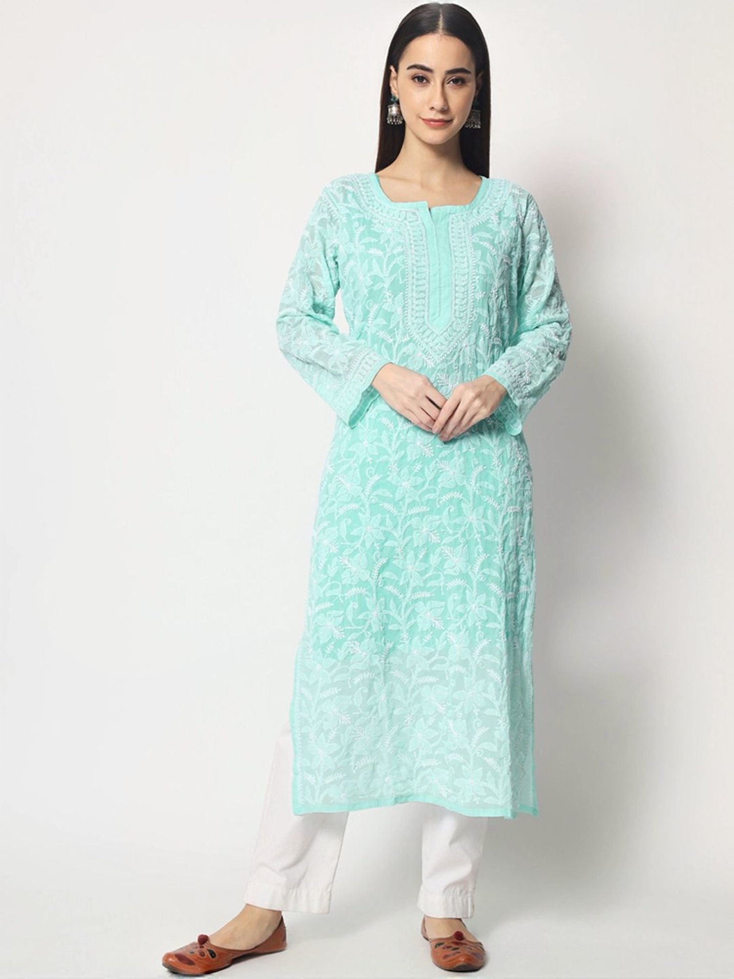 PARAMOUNT CHIKAN Aqua Blue Cotton Hand Embroidered Chikankari Straight Kurta