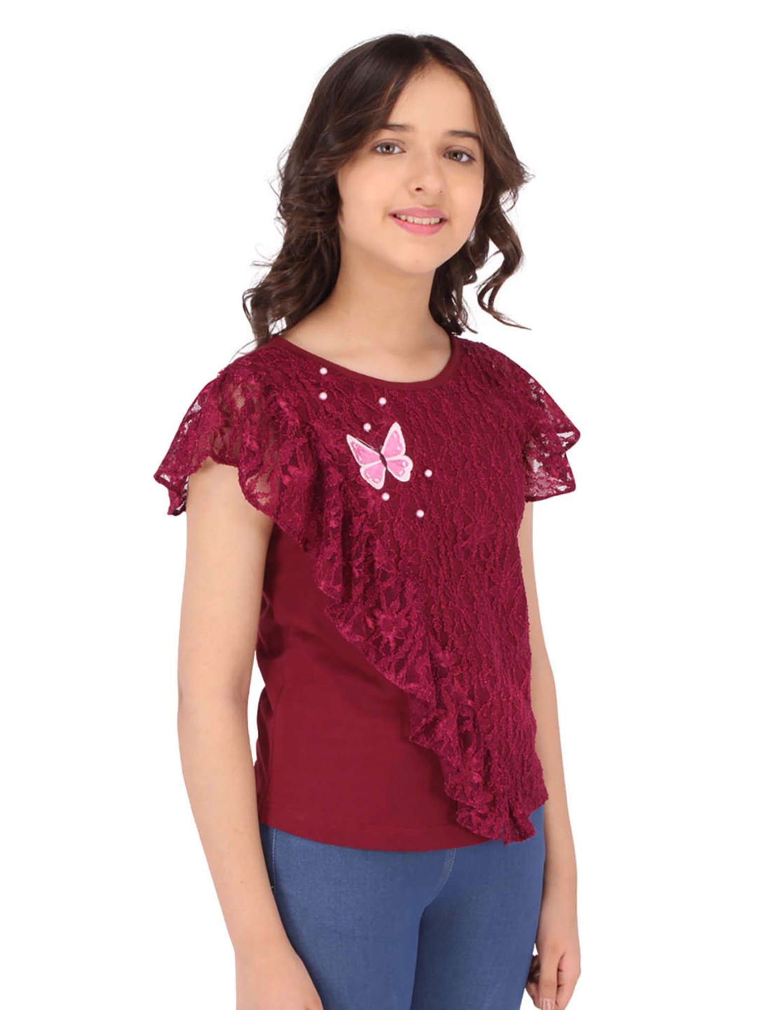 Cutecumber Kids Maroon Self Design Top