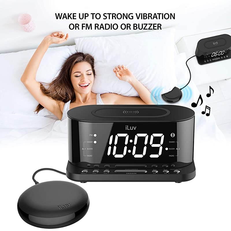 Time Shaker 5Q Wow Qi-Certified Wireless Charging Alarm Clock with Vibration Shaker, Jumbo LCD White Display, Dual Alarm, FM Radio, Sleep Timer, 3-Level Dimmer, USB Charging Port, Battery Backup