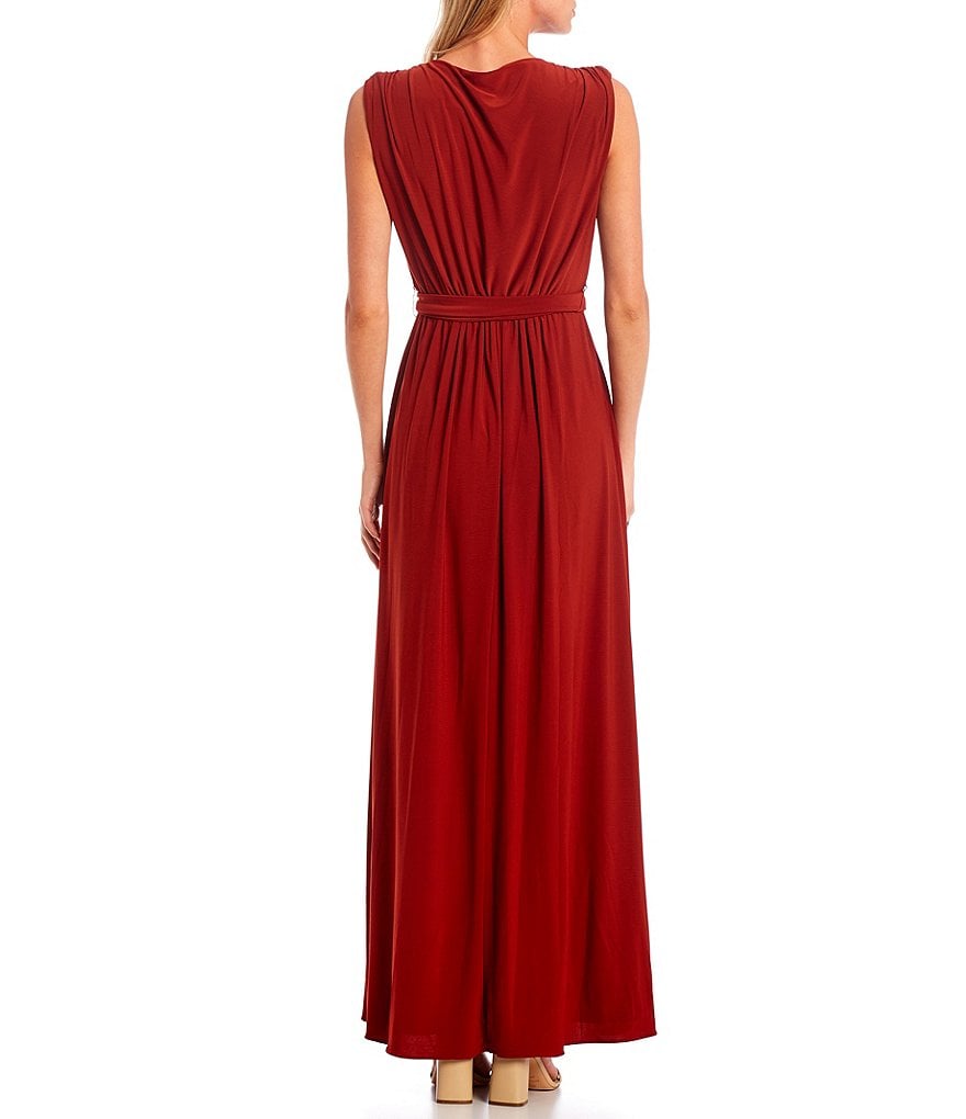 Betsy & Adam V-Neck Sleeveless Pocketed Tie Waist Jersey Knit Gown