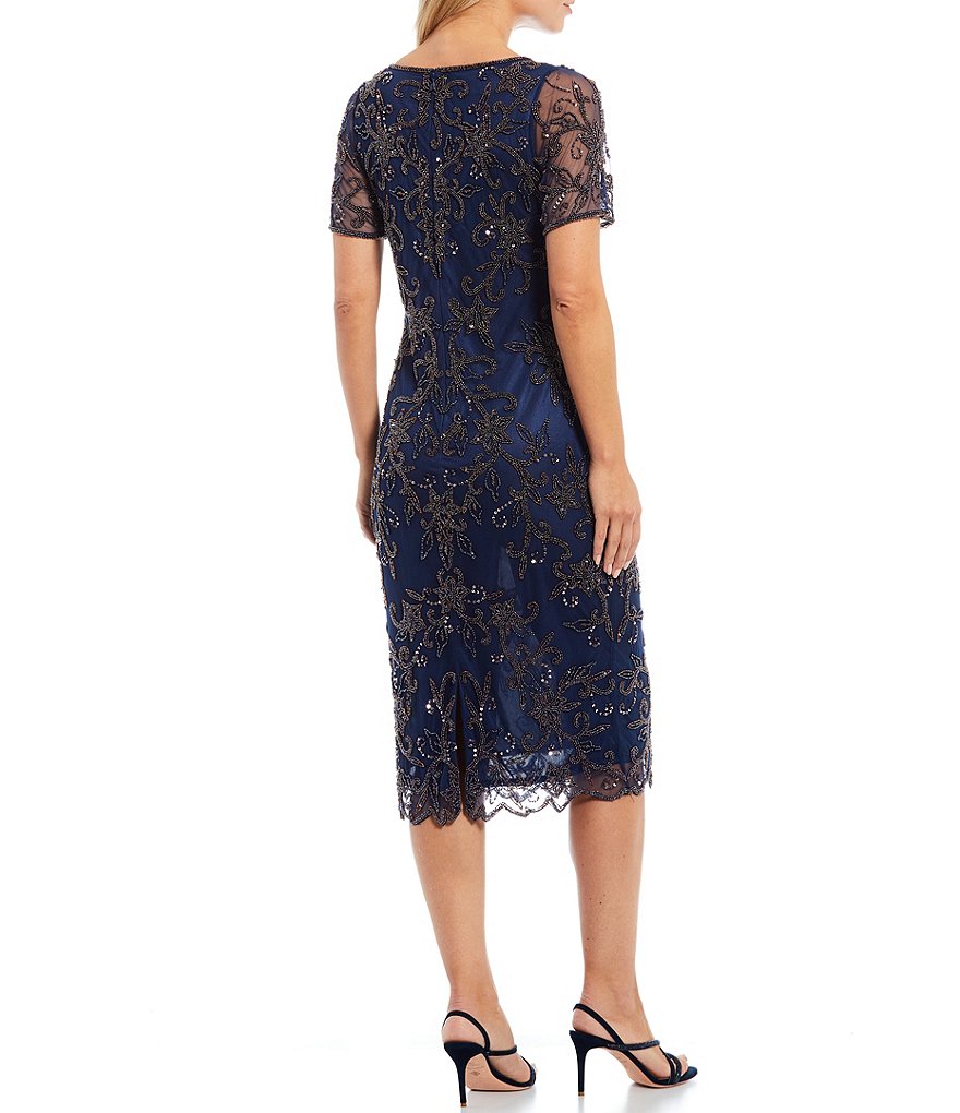 Pisarro Nights Illusion Yoke Beaded Illusion Neck Short Sleeve Midi Sheath Dress