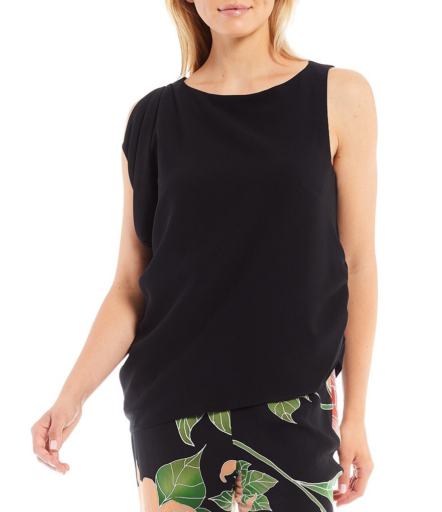 Trina Turk Sunset Boat Neck Pleated Shoulder Detail Sleeveless Side Ruching Detail Top