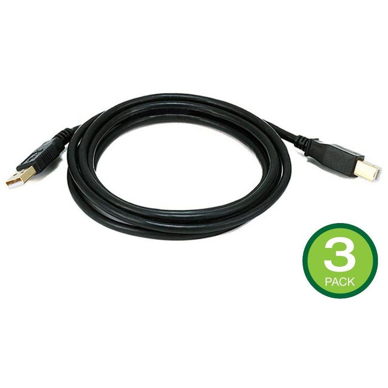 Monoprice USB Type-A to USB Type-B 2.0 Cable - 6 feet - Black (3 Pack) 28/24AWG, Gold Plated Connectors, For Printers, Scanners, and other Peripherals