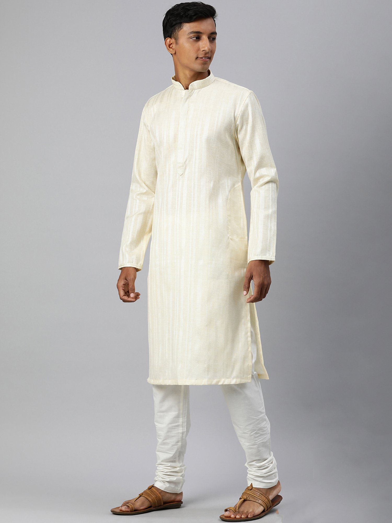 Manthan Cream & White Regular Fit Self Design Kurta & Churidar Set