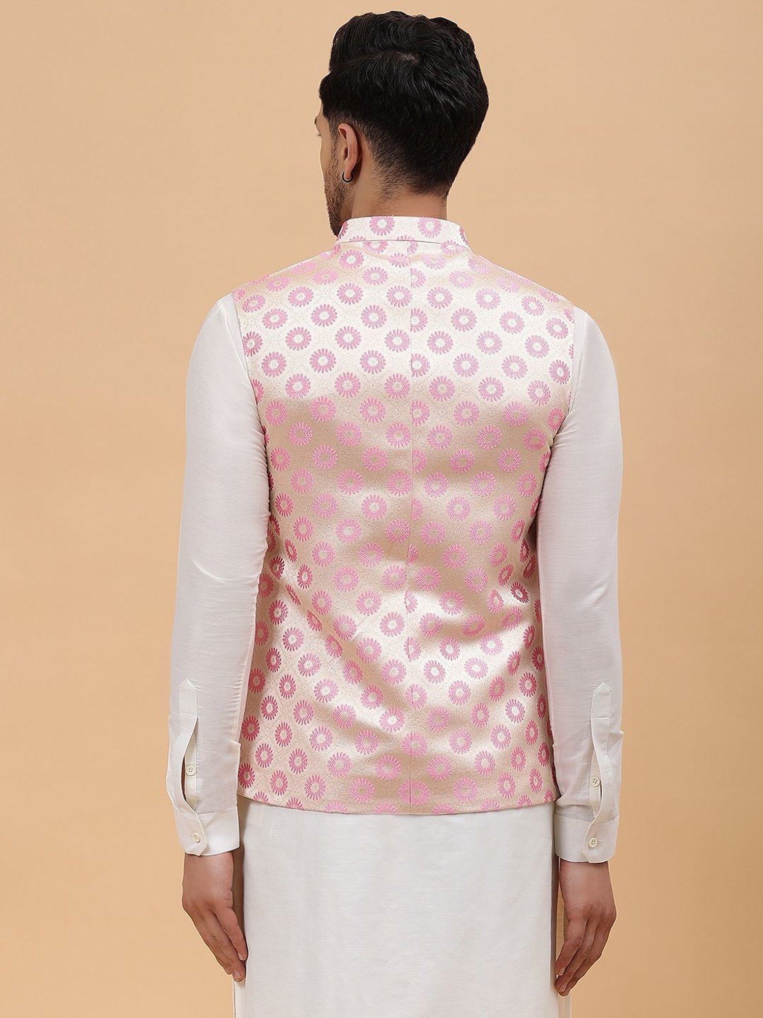 See Designs Gold & Pink Regular Fit Self Pattern Nehru Jacket