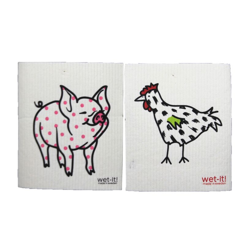 Swedish Dish Cloth 7.75" Pig & Rooster  Set / 2 Kitchen Clean Up Stainless  -  Dish Cloth