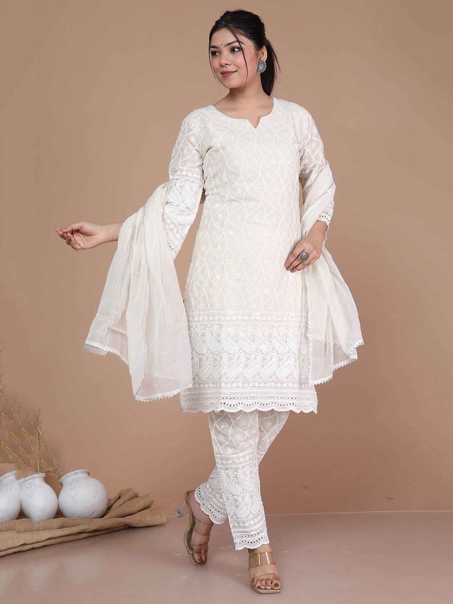 Miravan Beige Embroidered Kurta With Palazzo & Dupatta
