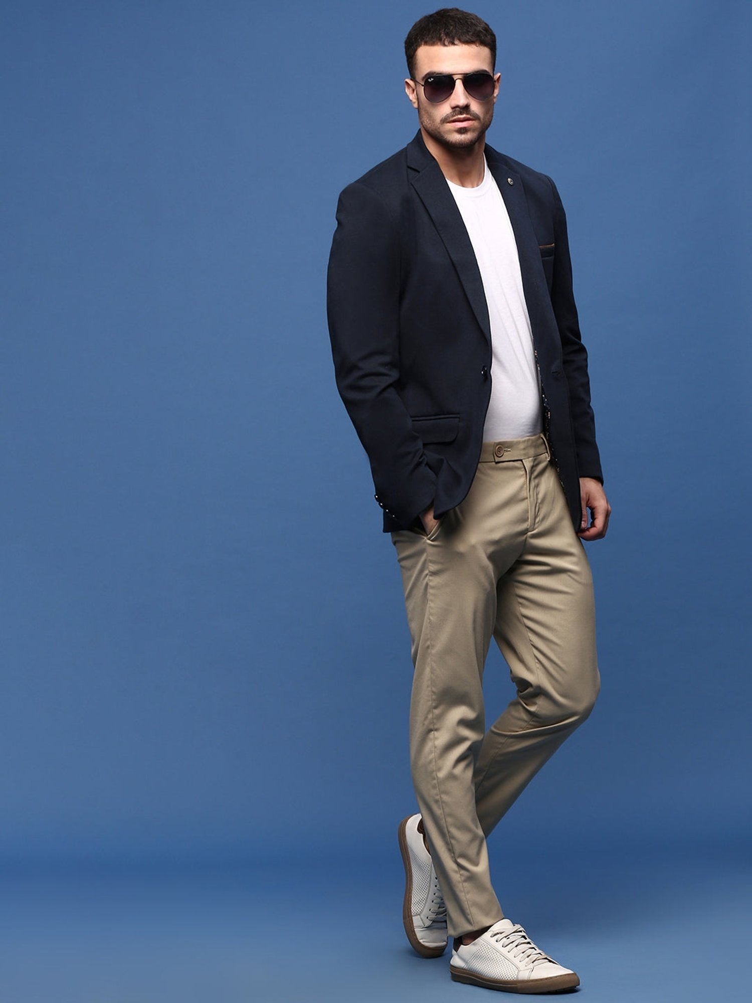 Showoff Navy Blue Cotton Slim Fit Blazer