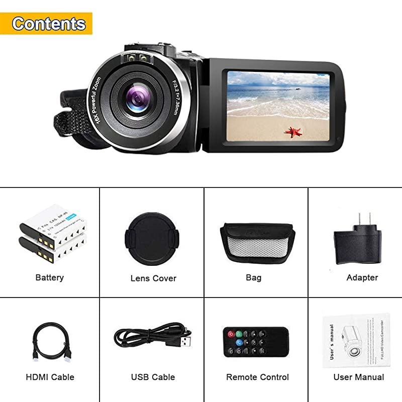 Camera Camcorder Full HD 1080P 30FPS 24.0 MP IR Night Vision Vlogging Camera Recorder 3.0 Inch IPS Screen 16X Zoom Camcorders YouTube Camera Remote Control with 2 Batteries