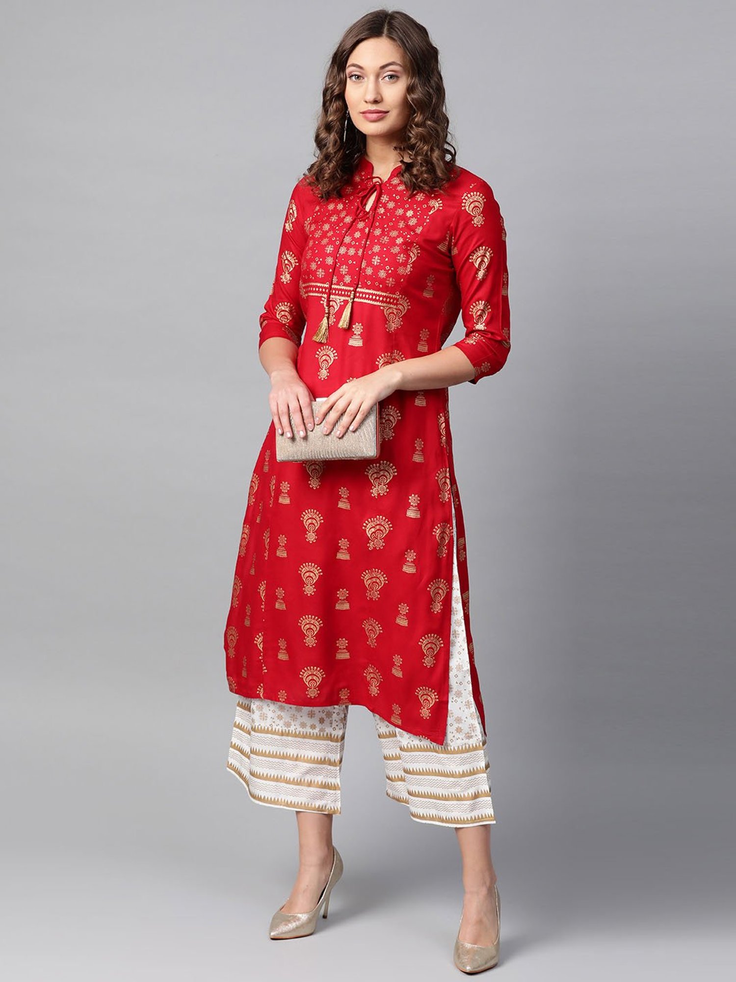 Anubhutee Maroon & White Printed Kurta Palazzo Set