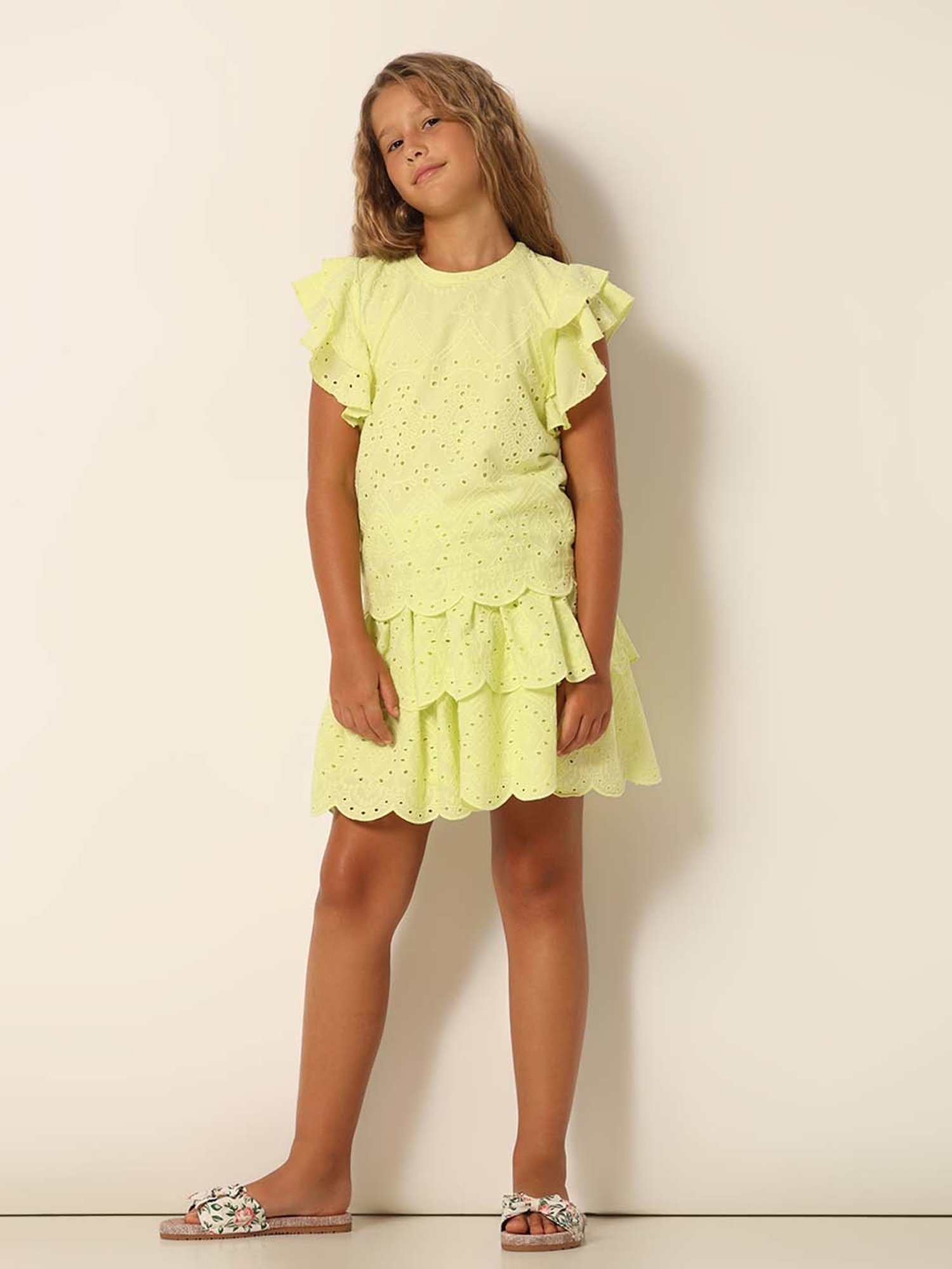 VERO MODA GIRL Lime Green Cotton Embroidered Top