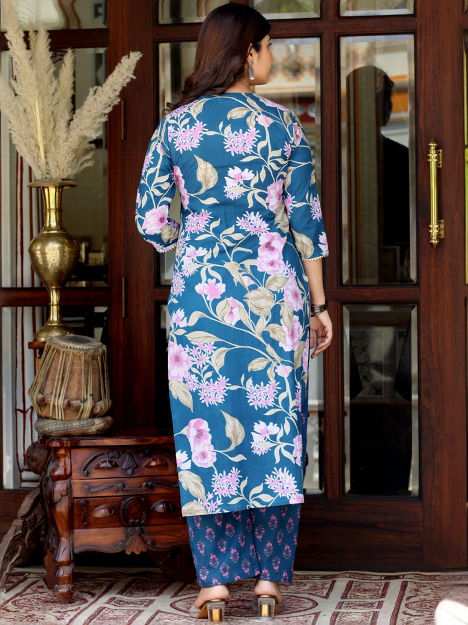 Miravan Blue Cotton Floral Print Kurta Pant Set With Dupatta