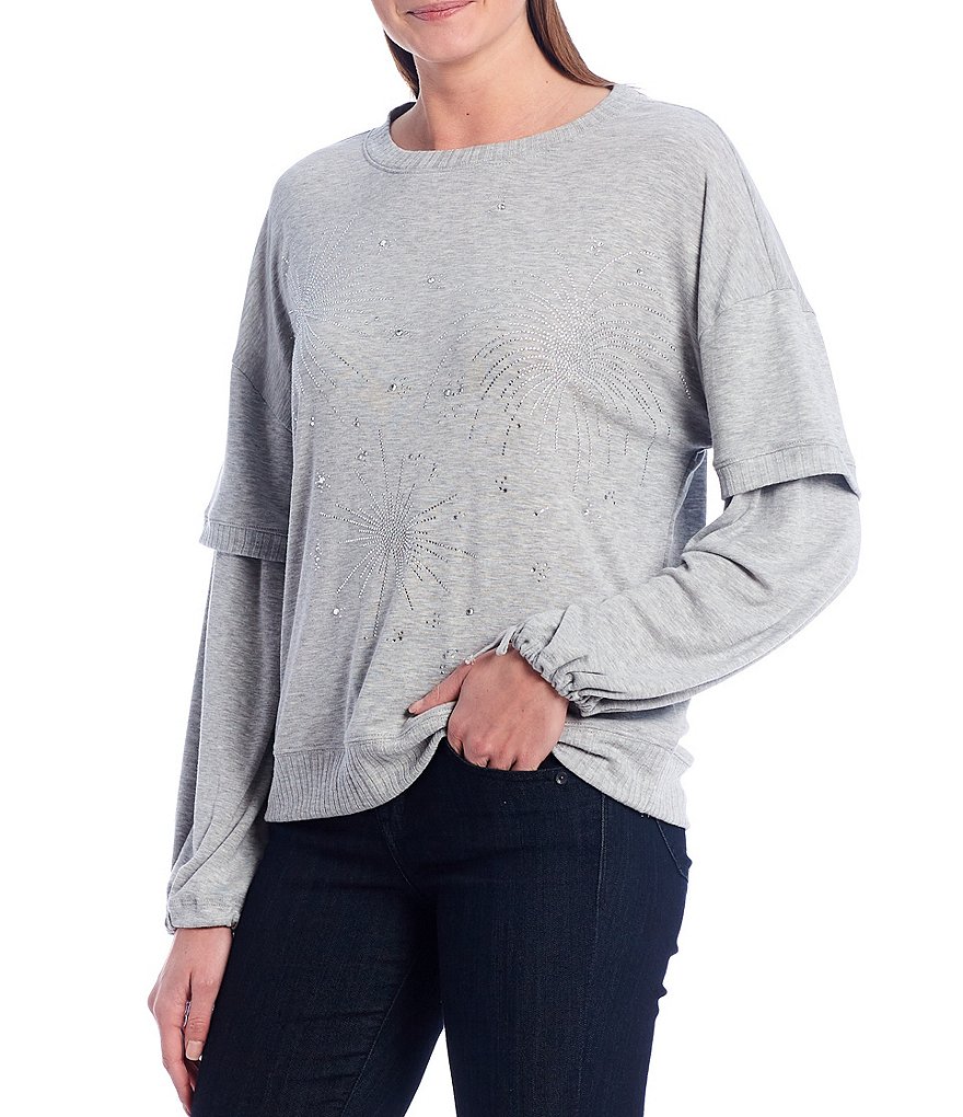 Democracy Rhinestone Motif Knit Long Blouson Sleeve Top