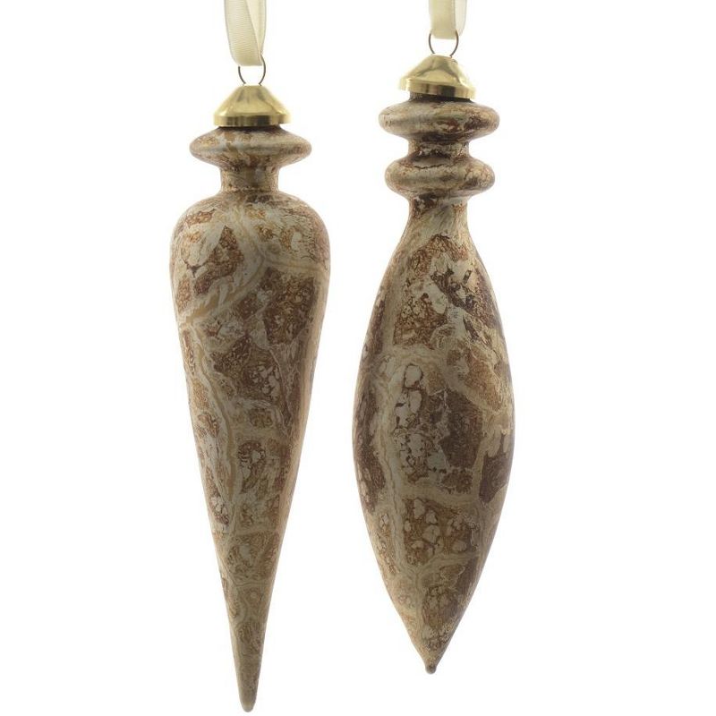 Kaemingk 2ct Marble Inspired Glass Finial Christmas Ornament Set 6" - Silver/Gold