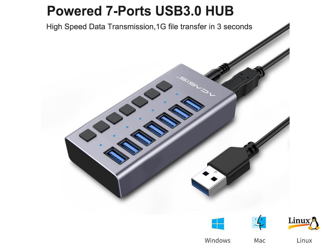 Powered USB Hub, Aluminum 7 Port USB 3.0 Hub  36W USB Splitter with Individual Power On/Off Switches and 12V 3A Power Adapter Support Charing for Laptop, PC, Computer, Mobile HDD, Flash Drive and More