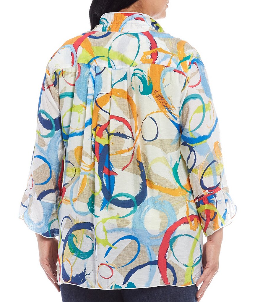 Multiples Plus Size Circle Abstract Print Crinkle Woven Point Collar Neck 3/4 Sleeve Button Front Shirt