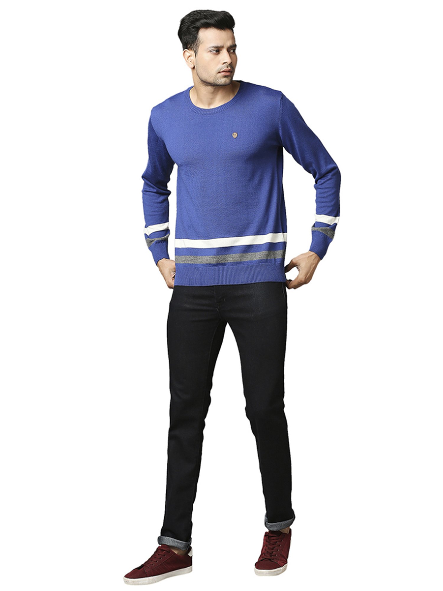 Raymond Blue  Regular Fit Striped Sweaters