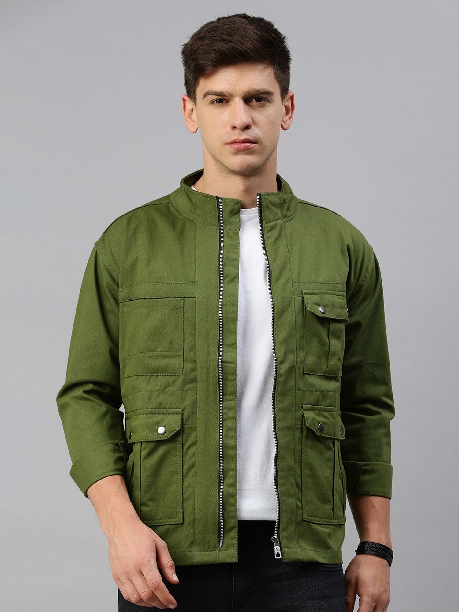 VOXATI Green Regular Fit Mock Collar Denim Jacket