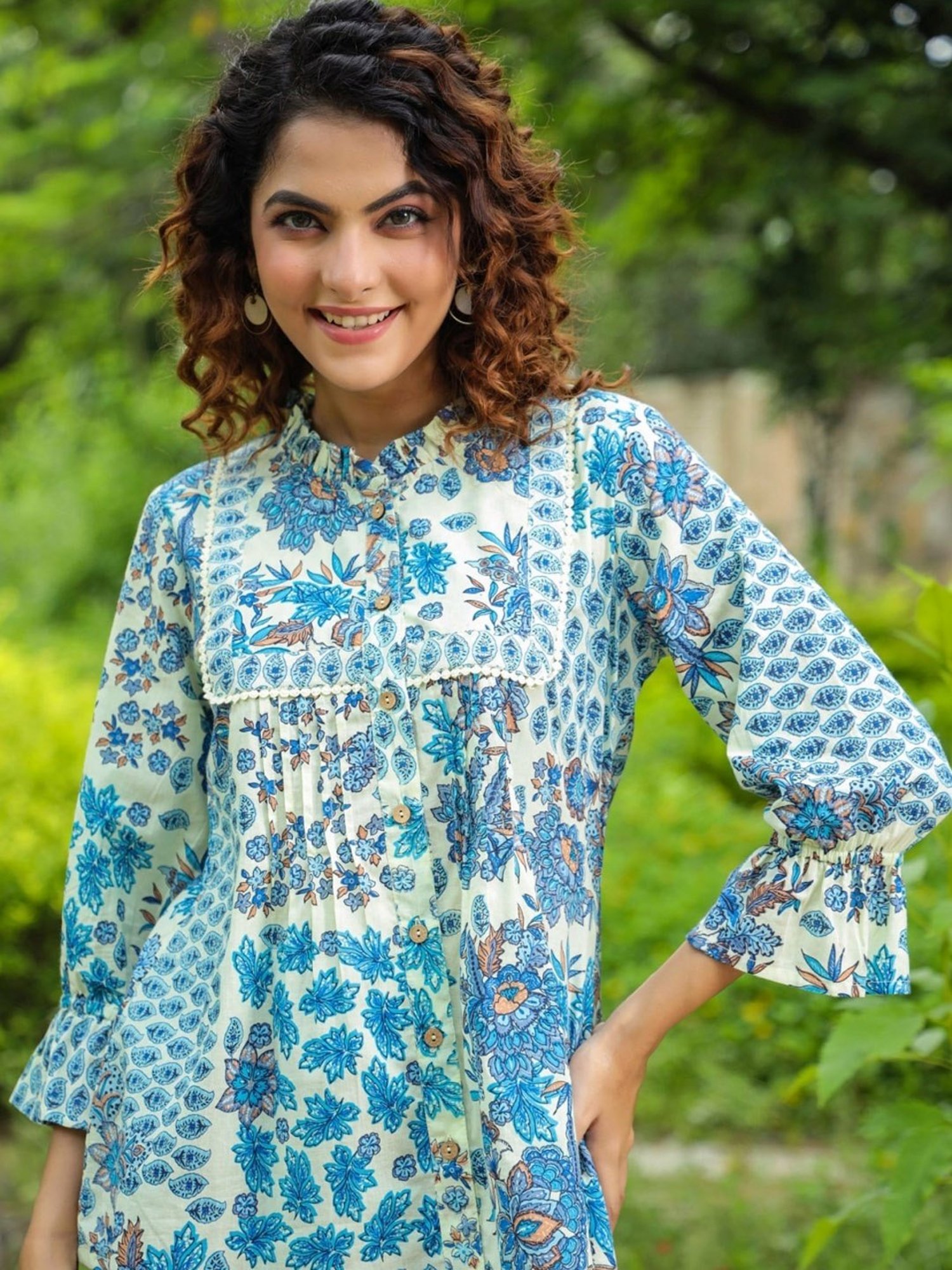 Rain and Rainbow Blue Cotton Floral Print Top