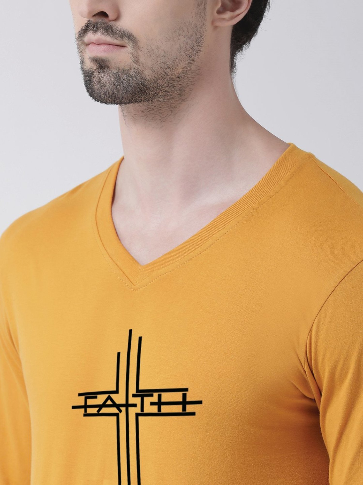 Friskers Mustard Cotton Slim Fit Printed T-Shirt