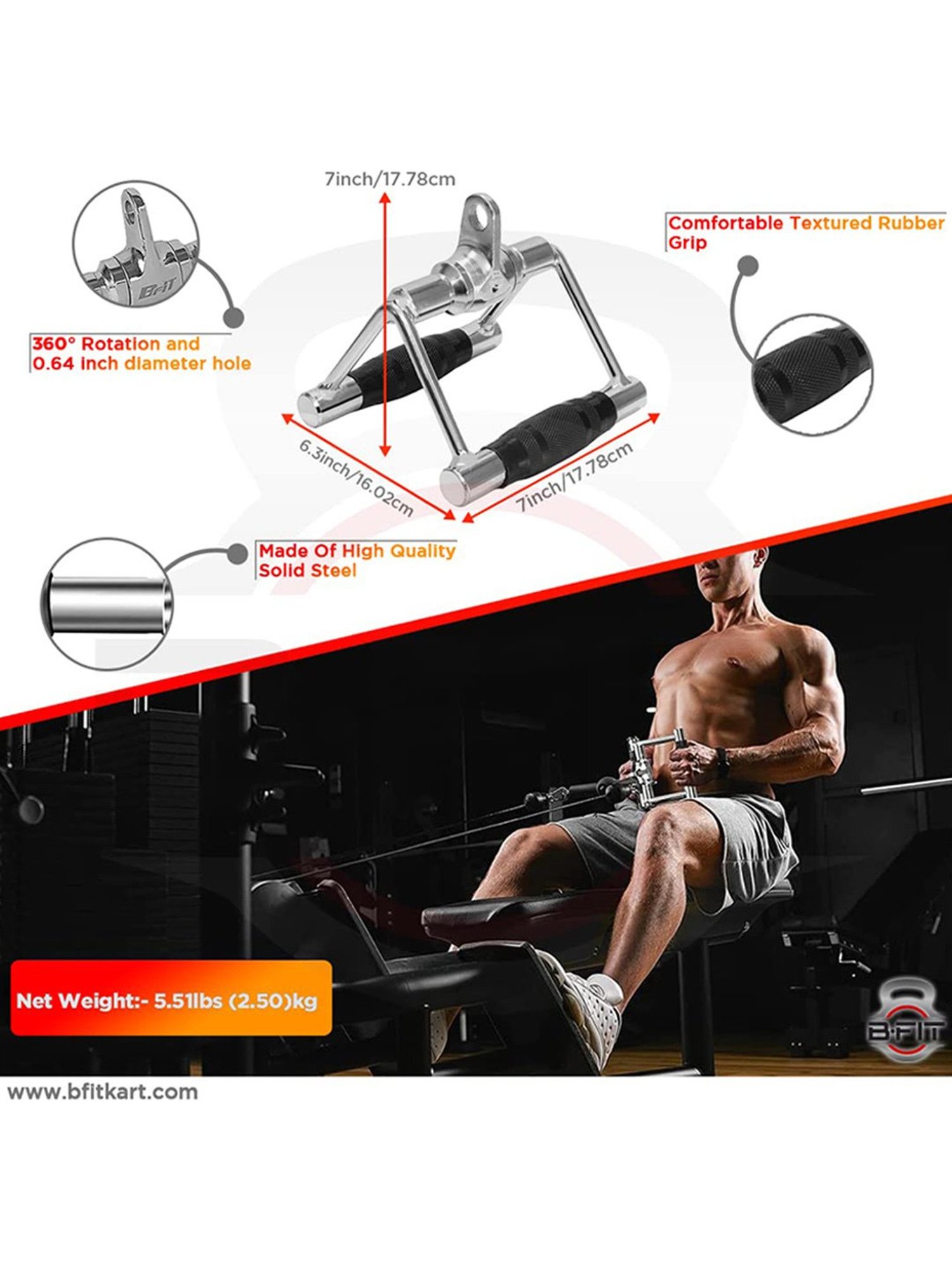 B Fit Upgraded Rowing Handle Revolving Seated Row Double D V Handle Attachmentle (Silver)