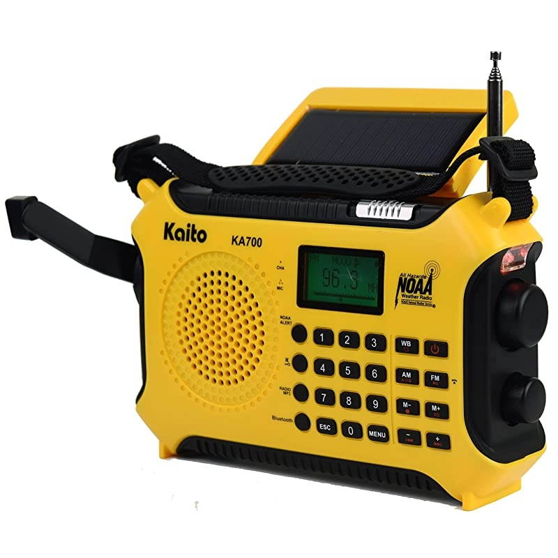 KA700 Bluetooth Emergency Hand Crank Dynamo Solar Powered AM FM Weather Band Radio with Recorder and MP3 Player Rugged Design for Hiking Camping Construction Sites EtcYellow
