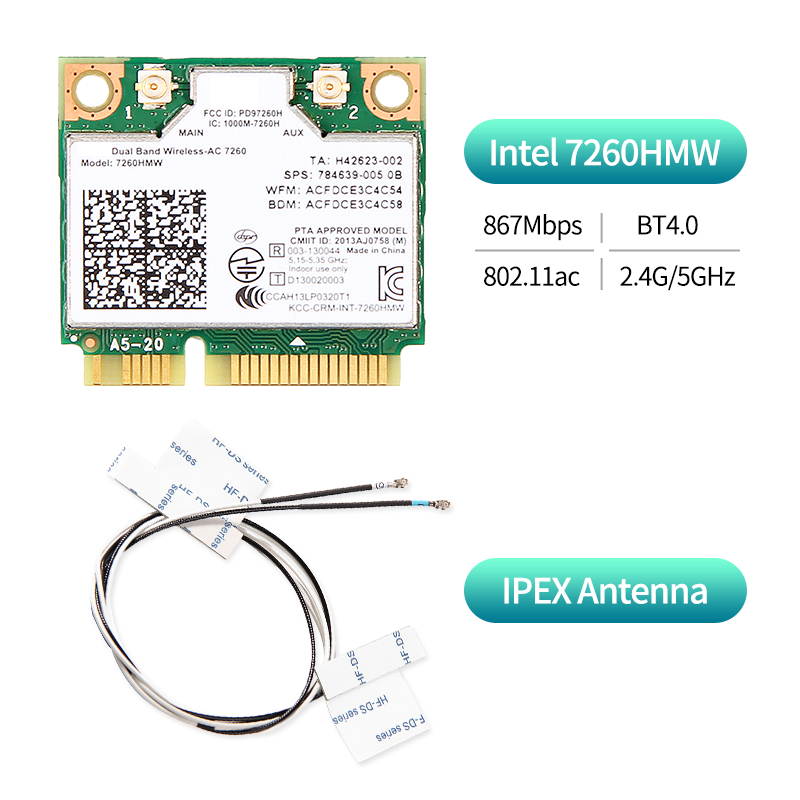 Dual Band AC1200 7260HMW 7260AC Wireless 2X2 Mini PCI-E Wi-Fi Network Card, Bluetooth 4.0, Up to 867Mbps (5Ghz) + 300Mbps (2.4Ghz), IEEE802.11ac/a/b/g/n, Windows 7/8/10 For Laptop PC