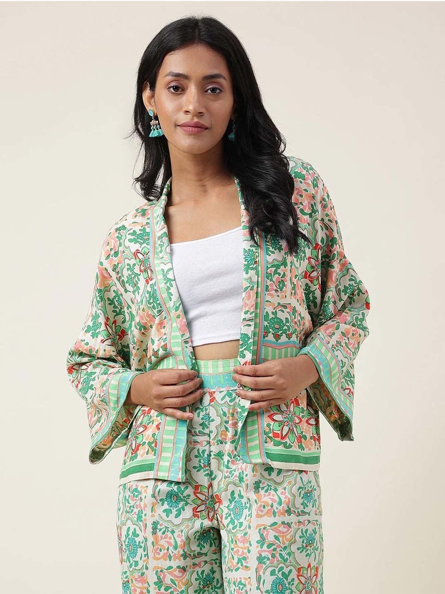 Fabindia Off-White & Green Printed Shrug
