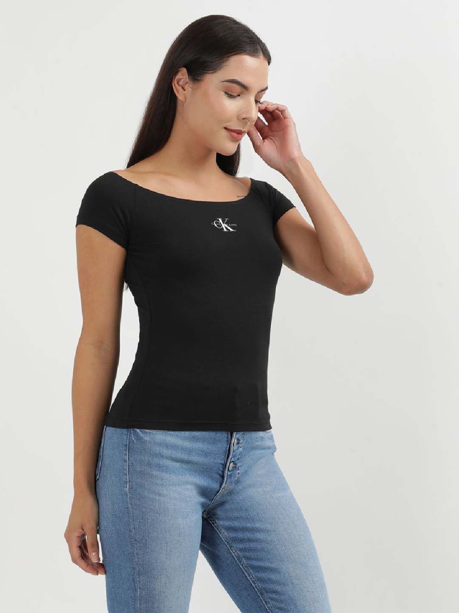 CALVIN KLEIN Black Cotton Logo Print Top