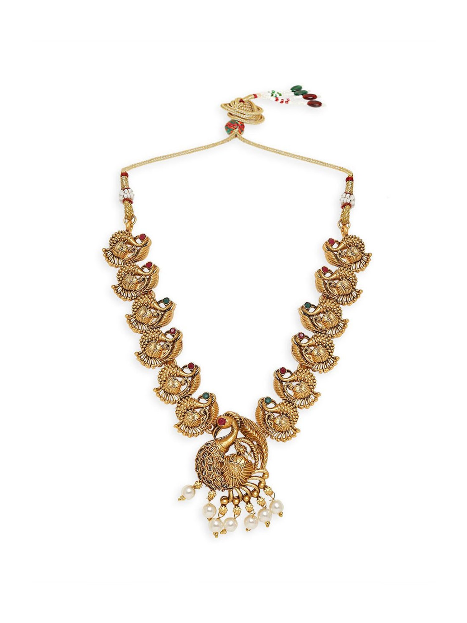 OOMPH Antique Gold Tone Red & Green Stone Peacock Design Necklace Set with Drop Earrings