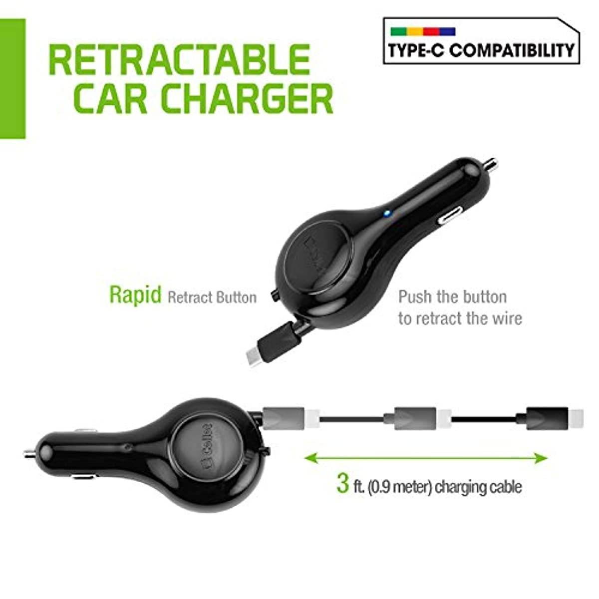 Cellet Type-C (USB-C) Compact Retractable car charger for Samsung Note 10 9 8 Galaxy A50 S10 S10+ S10e S9+ S9 S8 S8Plus S8 Active LG Q7+ Stylo 4 Q Stylus V35 V30 ThinQ G6 G5 (15Watt/3Amp Fast Charger)
