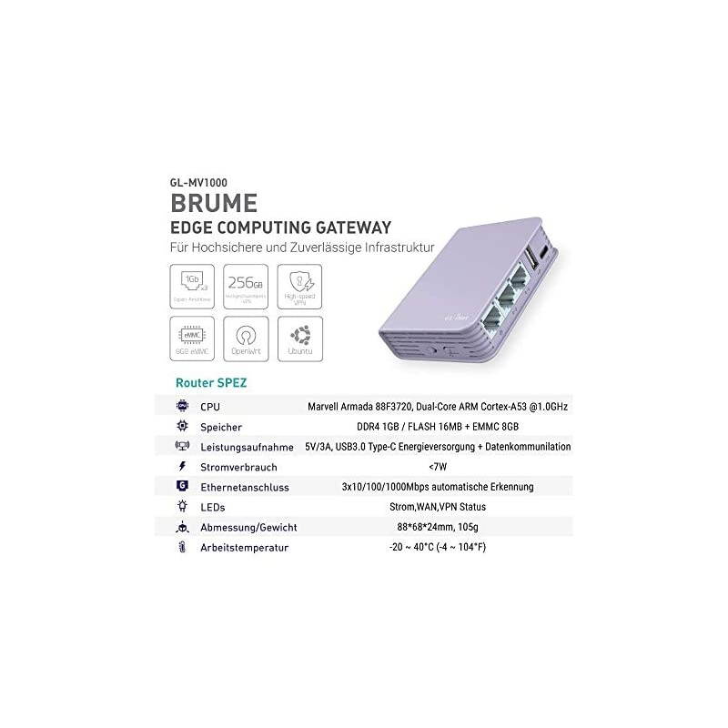 GL-MV1000 (Brume) Edge Computing Gigabit VPN Gateway, DDR4 1GB, Flash 16MB, EMMC 8GB, MicroSD Storage Support, OpenWrt/LEDE pre-Installed, 280Mbps High VPN Performance, Cables Included