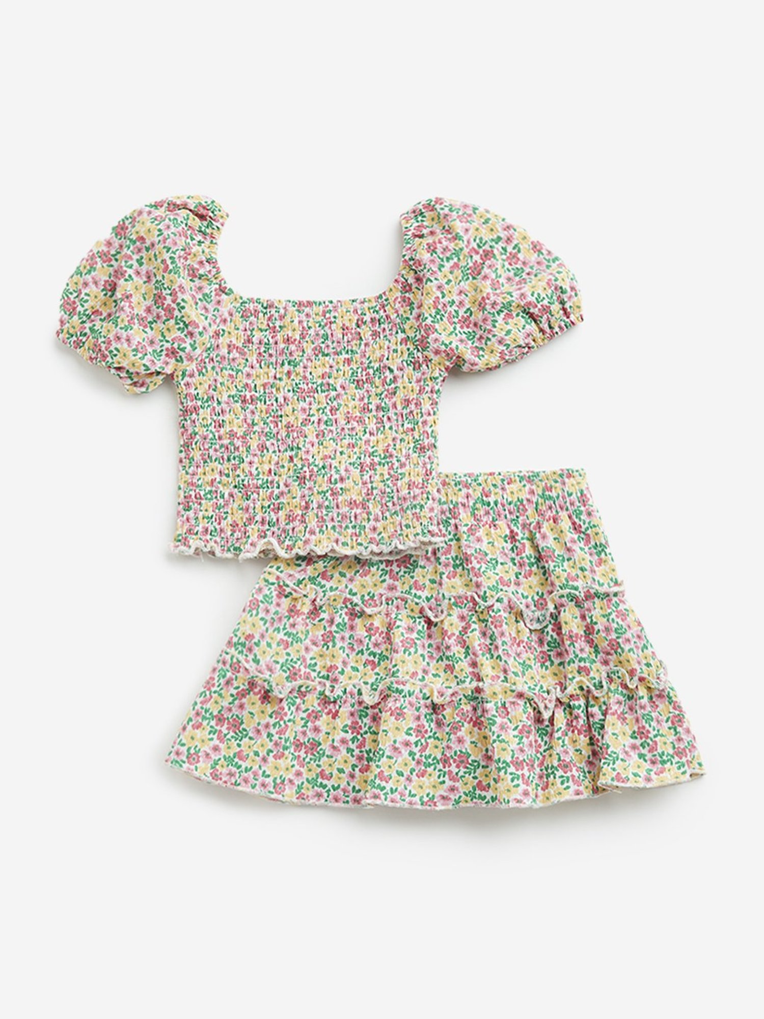 HOP Kids by Westside Yellow Floral Printed Top and Skirt Set